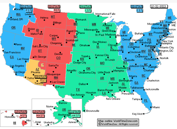 USA time zones map and current time